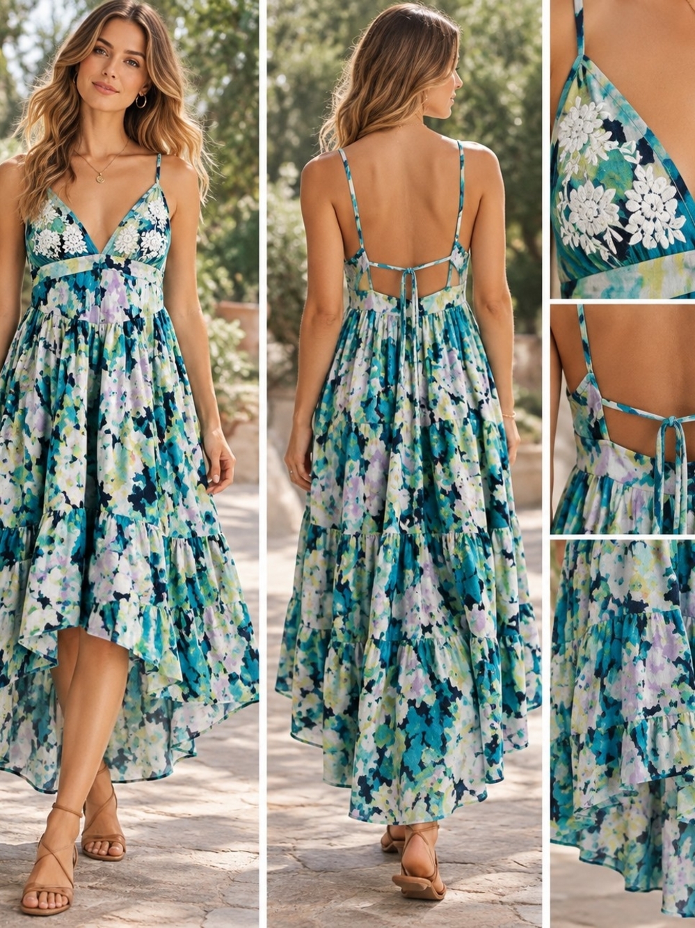 Free People Embroidered Floral High Low Tiered Maxi Dress Open Back S/P